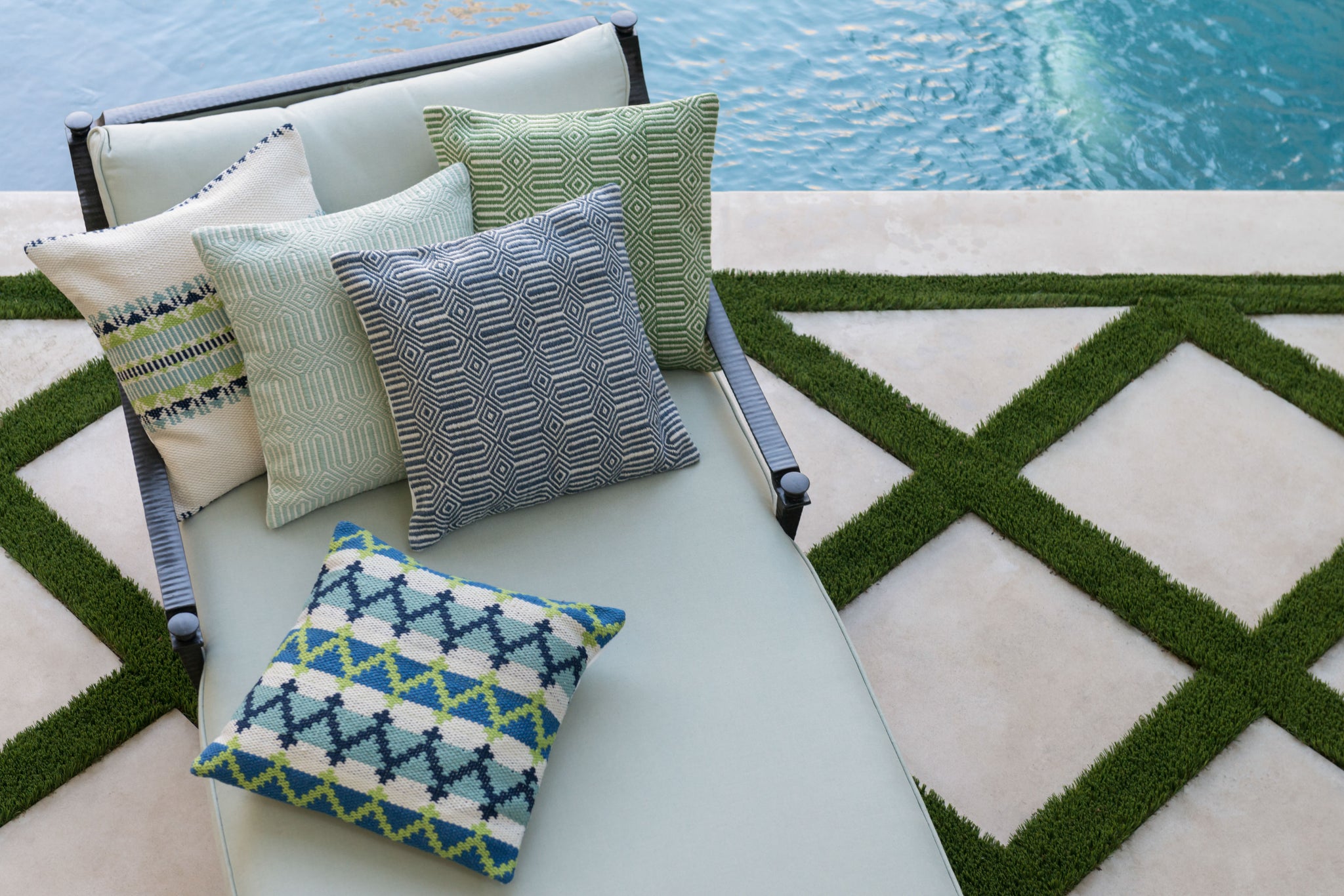 Green / Ivory Pillow (Pattern 1) shown from a different angle to reveal its pattern.