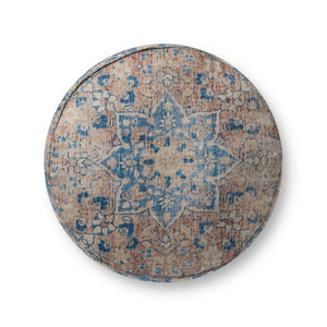 Blue / Tangerine Pouf shown from a different angle to reveal its pattern.