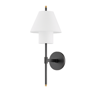 Glenmoore Wall Sconce in aged brass shown from a second angle to highlight the arm curve and shade silhouette.