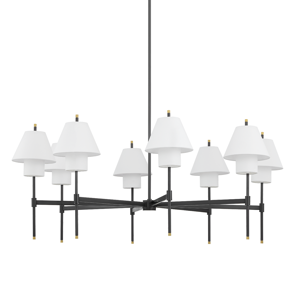 Glenmoore Chandelier 48.5" x 26.25" in aged brass shown from a second angle to highlight the frame, arms, and shade detail.