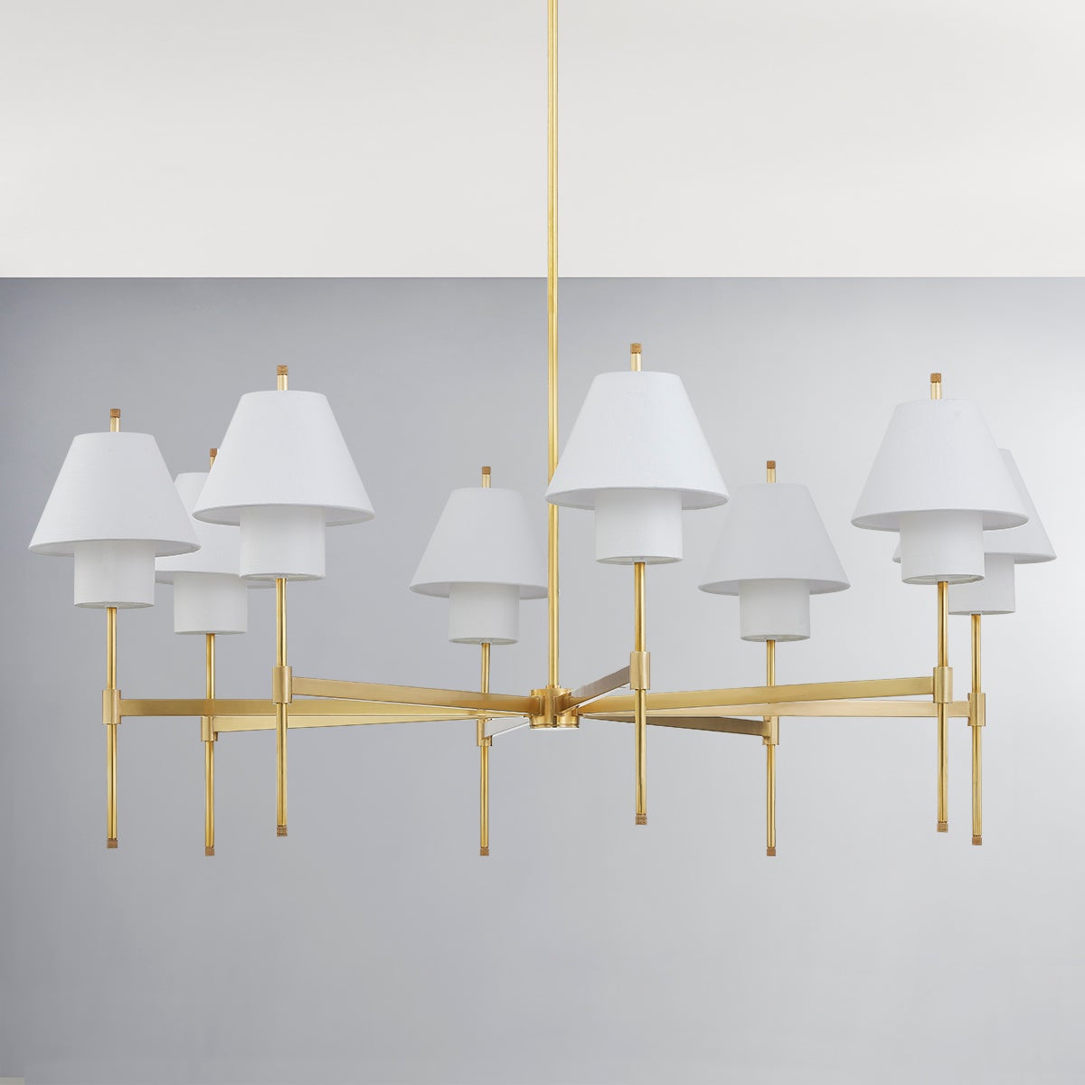 Close-up of the Glenmoore Chandelier 48.5" x 26.25" in aged brass showing the frame, arms, and shade detail.