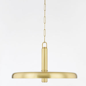 Reynolds Pendant 28" in aged brass shown from a second angle to highlight the shade shape and metal detail.