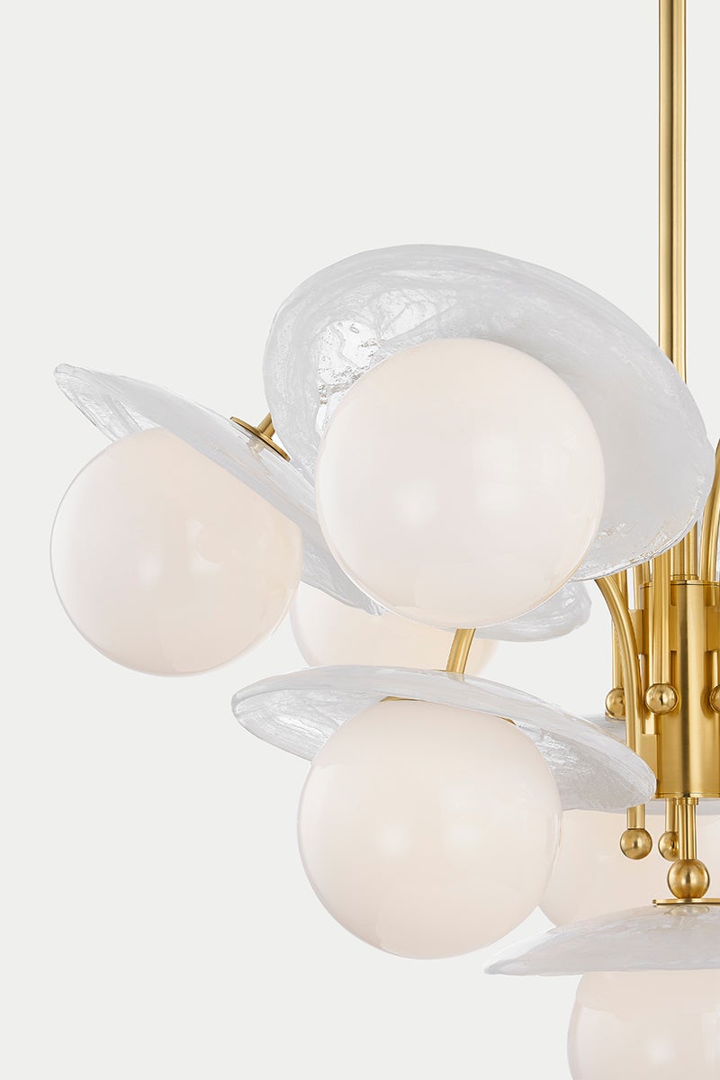 Close-up of the Stampford Chandelier in aged brass showing the frame, arms, and shade detail.