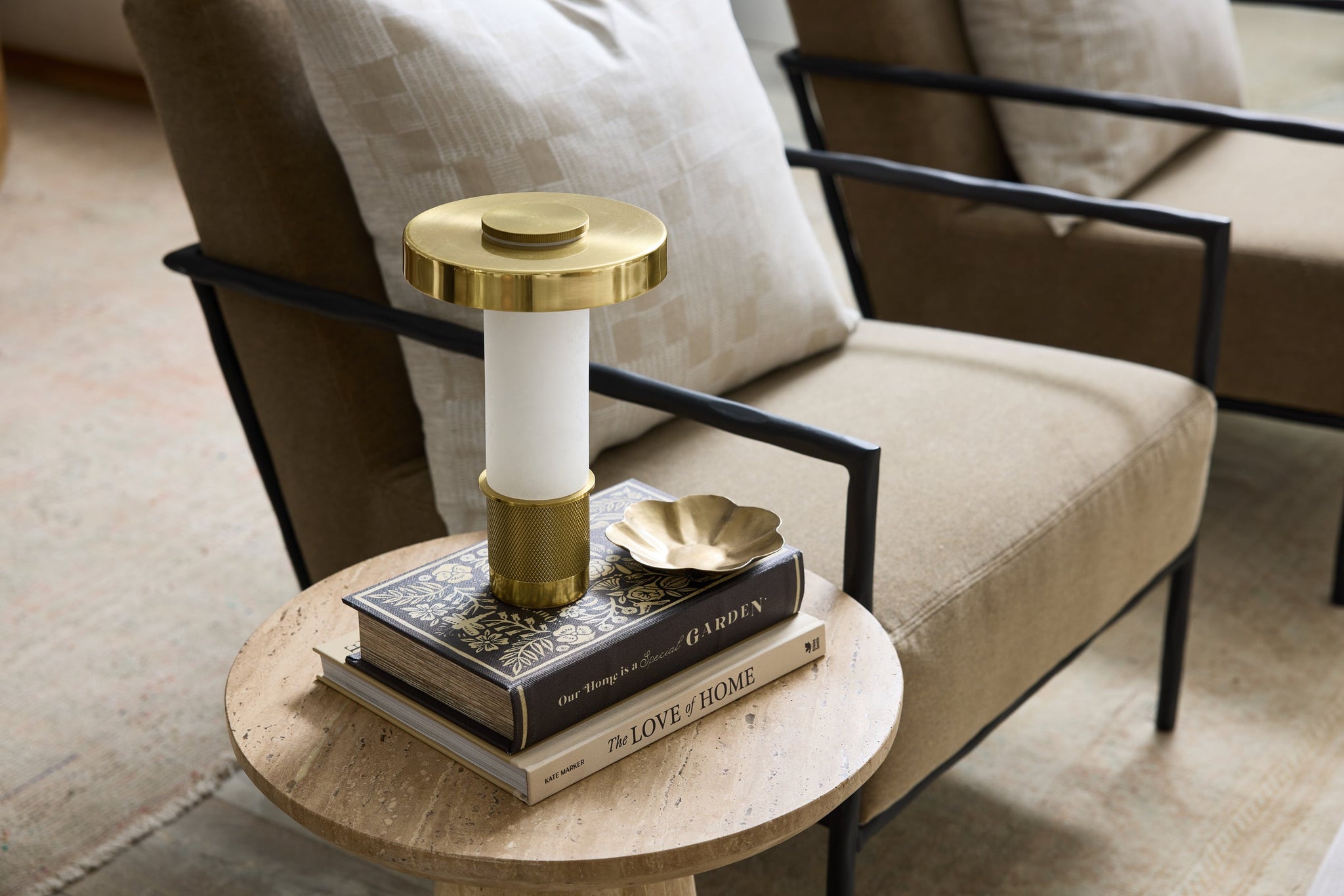 Sefton Rechargeable Table Lamp in aged brass styled in a curated interior for warm, layered light at Laurie Yapp Home.
