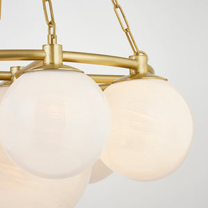 Thornwood Chandelier 29.5" in aged brass shown from the front to reveal the frame, arms, and shade detail.