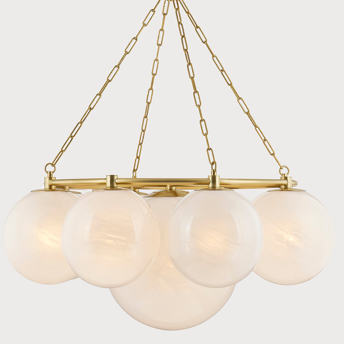 Thornwood Chandelier 43.25" in aged brass shown from a second angle to highlight the frame, arms, and shade detail.
