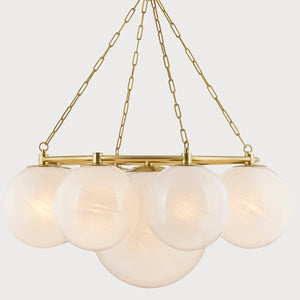 Thornwood Chandelier 43.25" in aged brass shown from a second angle to highlight the frame, arms, and shade detail.