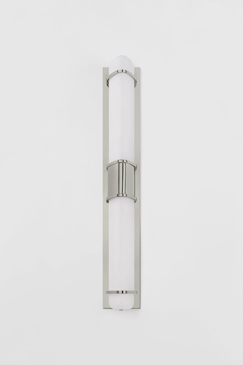 Close-up of the Tottenville Wall Sconce 4.25" x 27" in polished nickel showing the arm curve and shade silhouette.