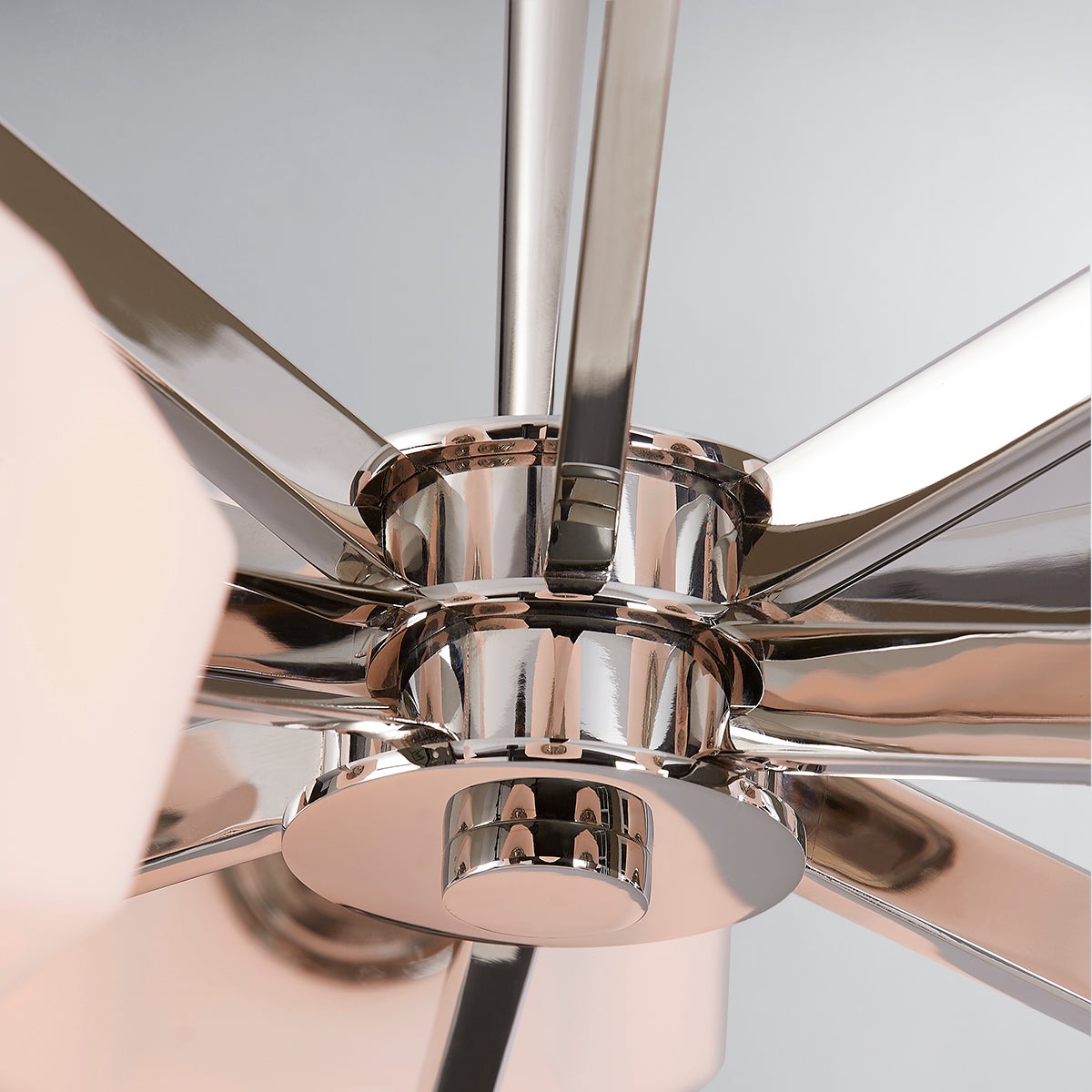 Close-up of the Tring Chandelier in polished nickel showing the frame, arms, and shade detail.