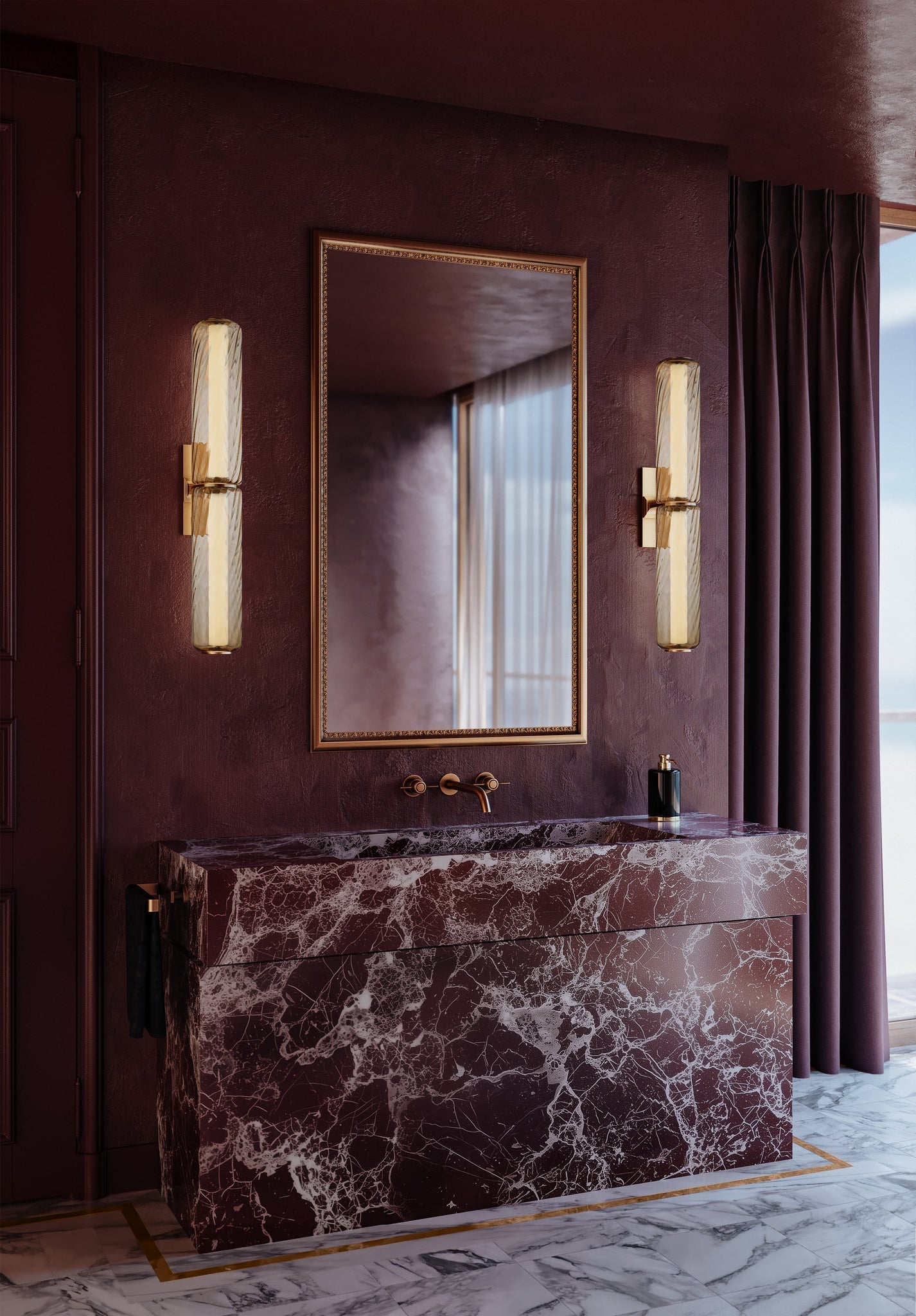 Tuscany Bath And Vanity styled in a primary ensuite for warm, layered light at Laurie Yapp Home.