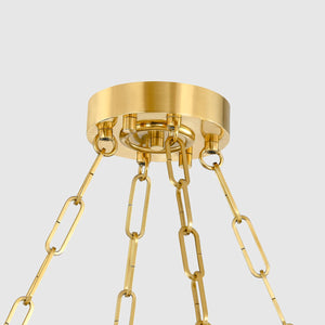 Wingate Chandelier 48" in aged brass shown from a second angle to highlight the frame, arms, and shade detail.