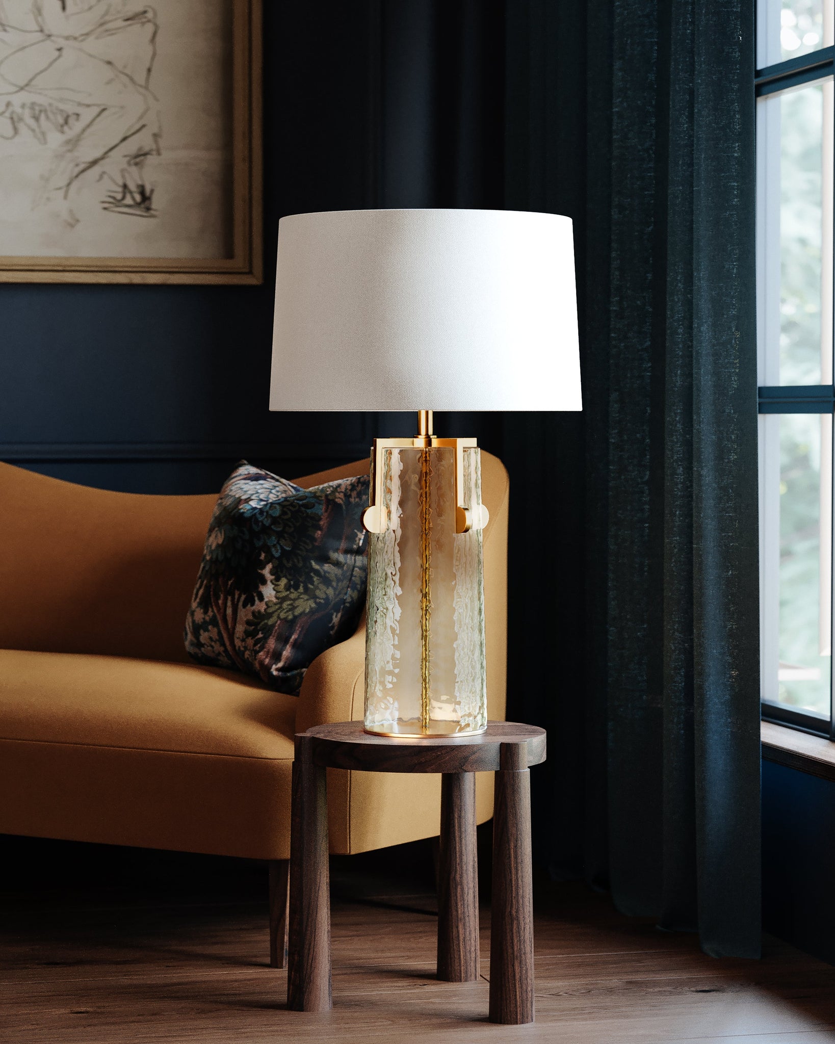 Close-up of the Wildwood Table Lamp in aged brass showing the base and shade proportions.