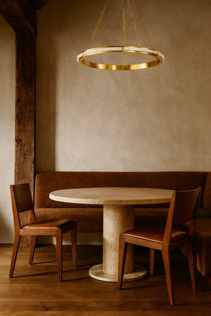Wingate Chandelier 36" in aged brass styled in a formal living room for warm, layered light at Laurie Yapp Home.