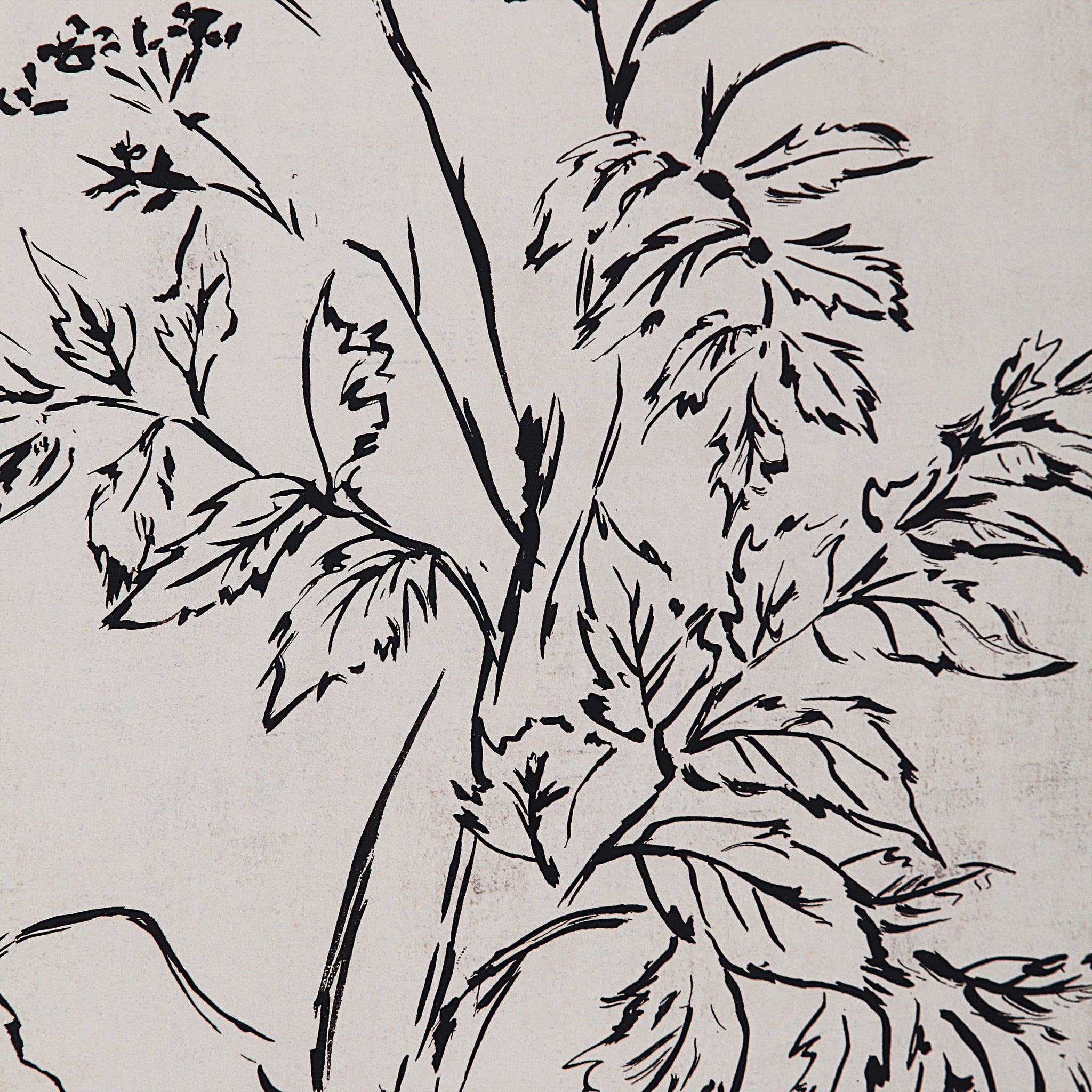 Close-up of Basset Canvas Art showing detailed black botanical illustrations on a beige canvas.