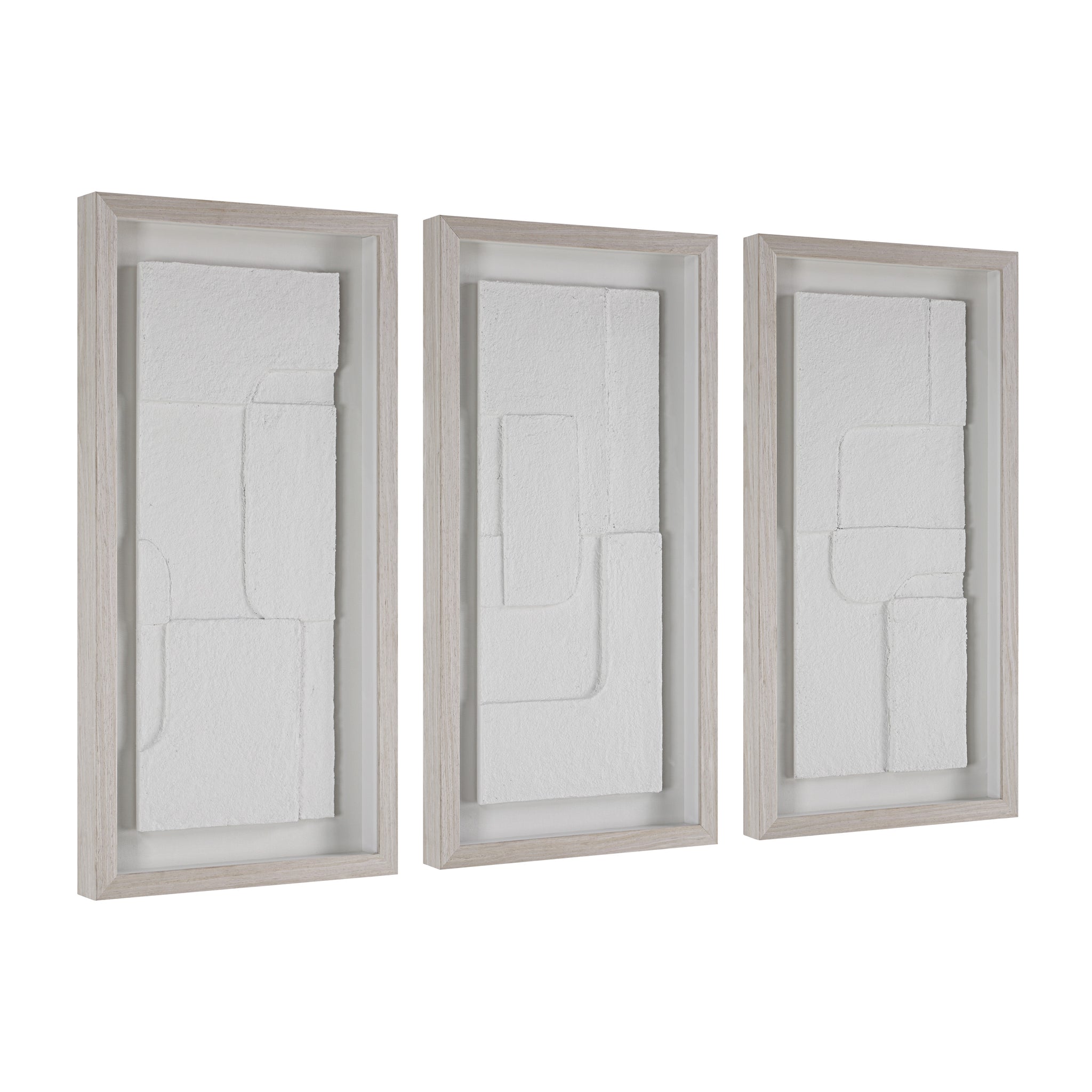 Arches wall art with three white textured panels in light wood frames, angled view