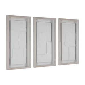 Arches wall art with three white textured panels in light wood frames, angled view