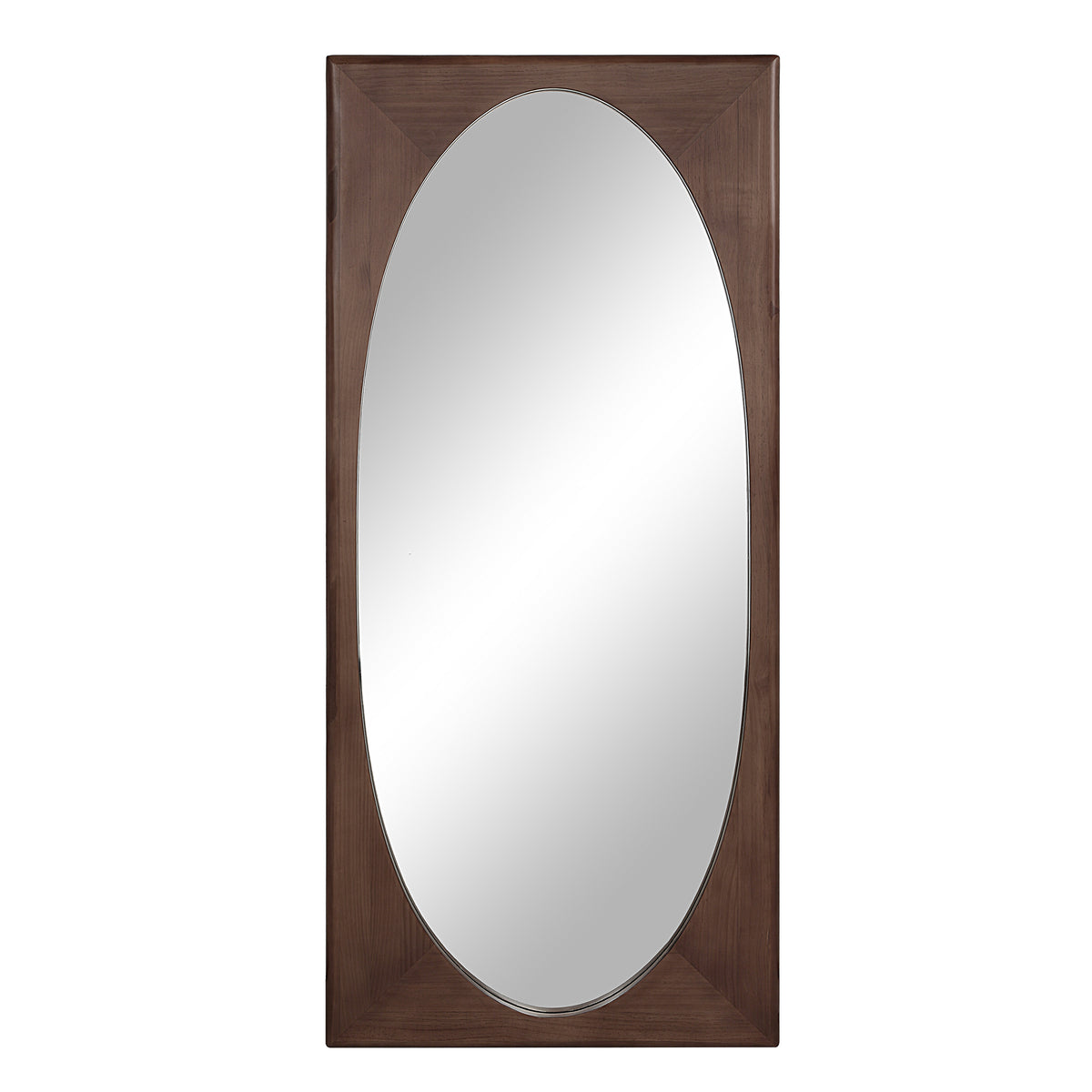 Sitia mirror by Renwil with a brown wooden frame and oval reflective surface.