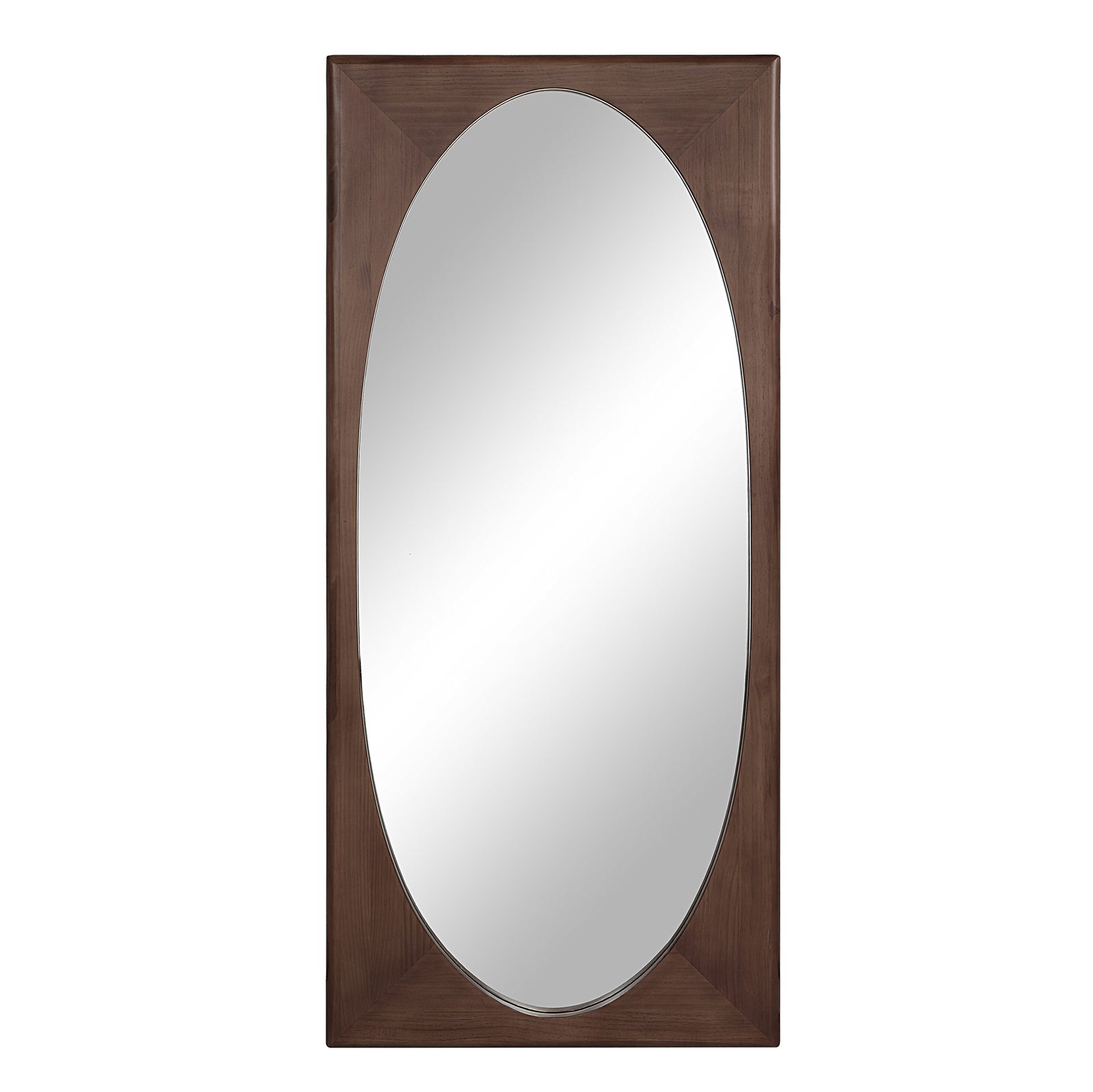 Sitia mirror by Renwil with a brown wooden frame and oval reflective surface.