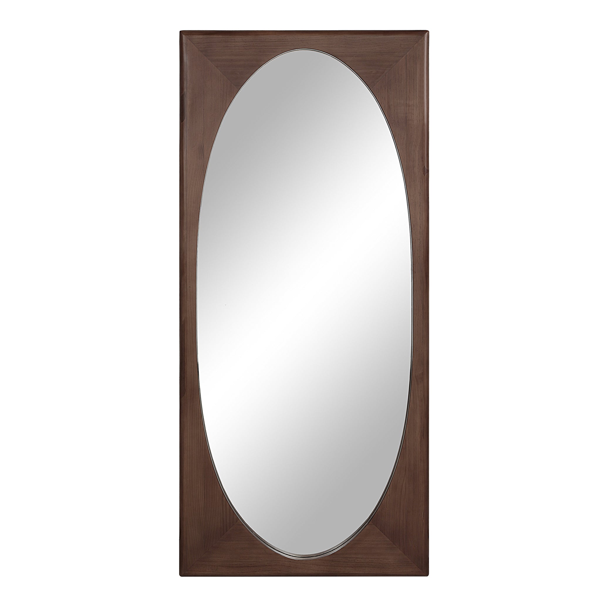 Sitia mirror by Renwil with a brown wooden frame and oval reflective surface.