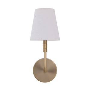 Milia Wall Sconce in gold finish with white fabric shade, mounted on a round base.