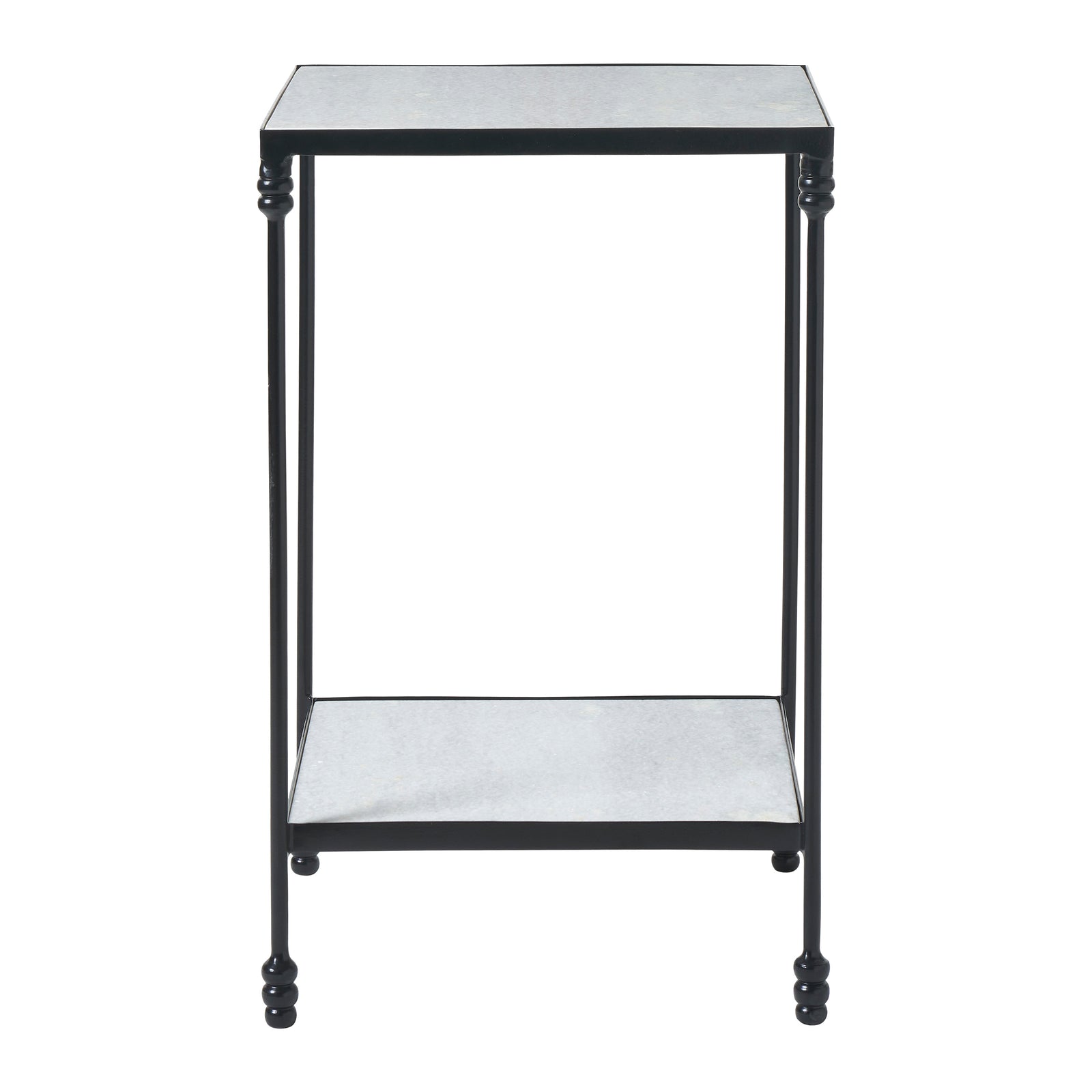 Giulia table with a black metal frame and gray stone top, featuring decorative legs.