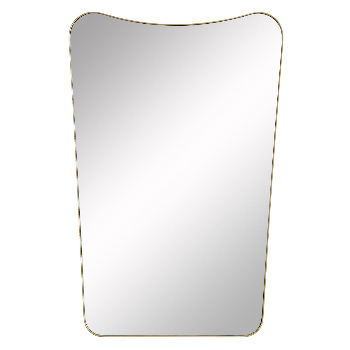 Artesia Wall Mirror with a wavy top edge and gold frame, reflecting light.