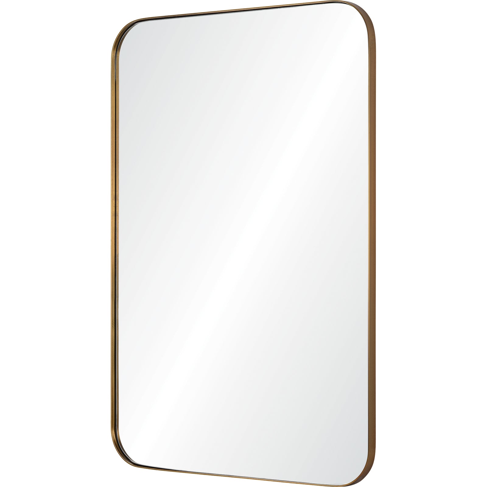 Edwin Wall Mirror with rounded corners and a sleek gold frame, reflecting light.