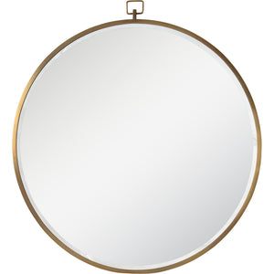 Azam Wall Mirror with a round shape and a gold metal frame, featuring a hanging loop.