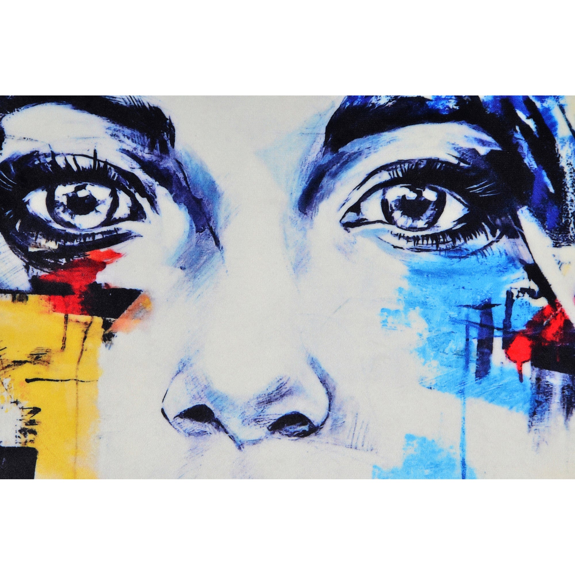 Close-up of Tori Indoor Pillow highlighting detailed eyes and colorful abstract patterns.