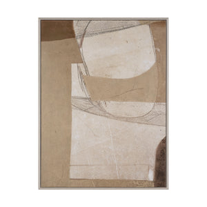 Alcea Canvas Art with a focus on abstract forms and soft colors, framed in light wood.