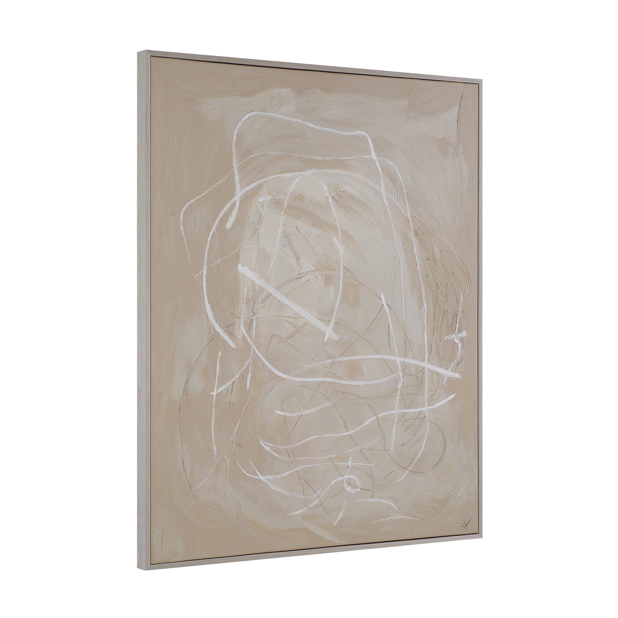 Naxos canvas art viewed from the side, showing abstract white lines on beige.