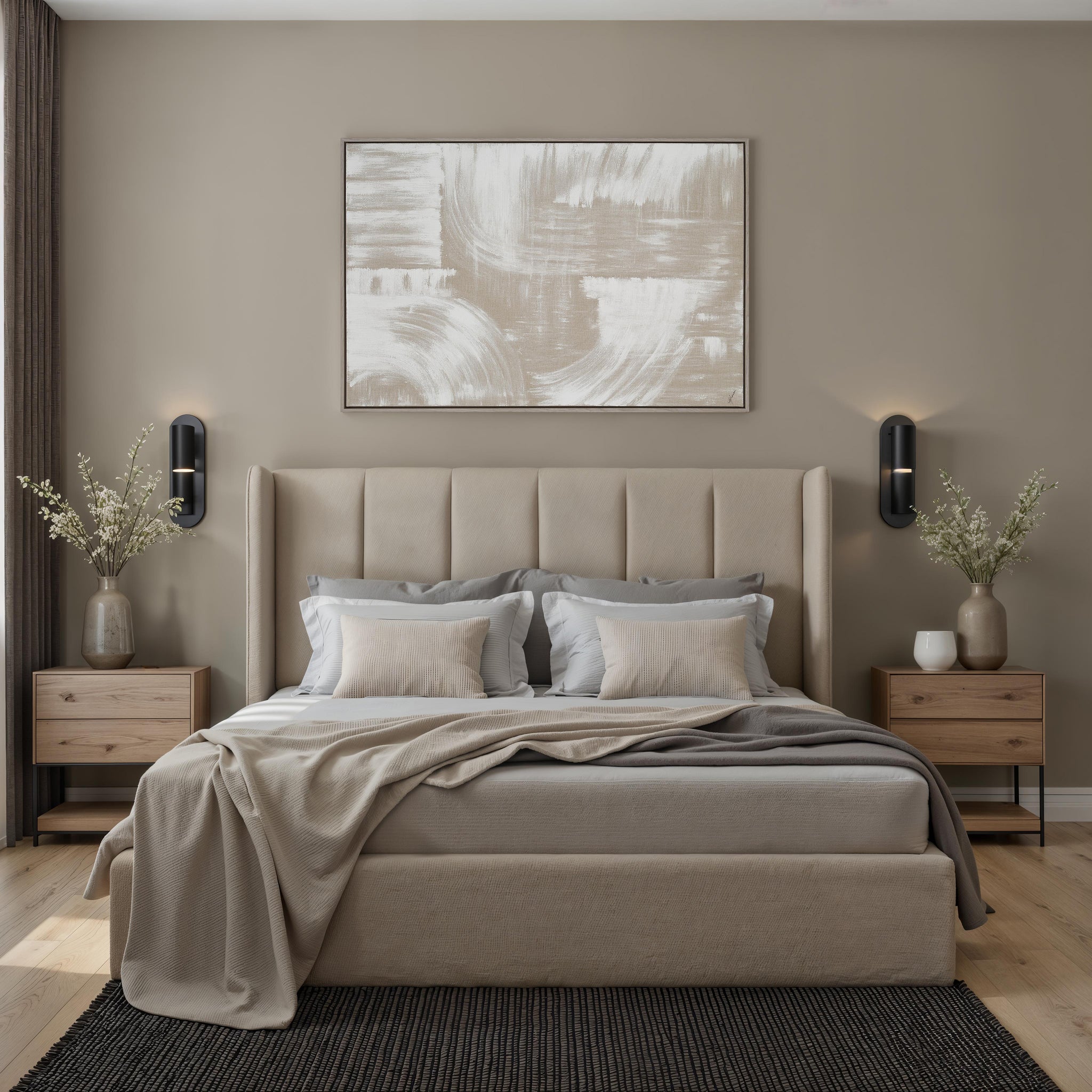 Quatro canvas art above a bed in a modern bedroom, featuring beige and white abstract design.