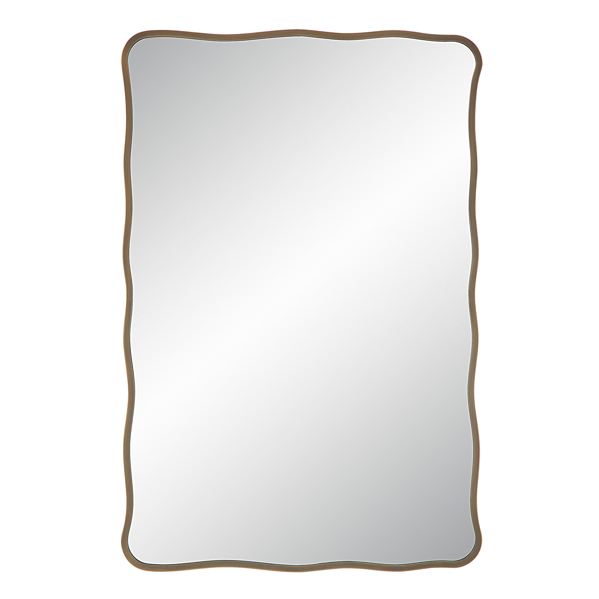 Basel Wall Mirror with a wavy bronze frame, reflecting light, front view.