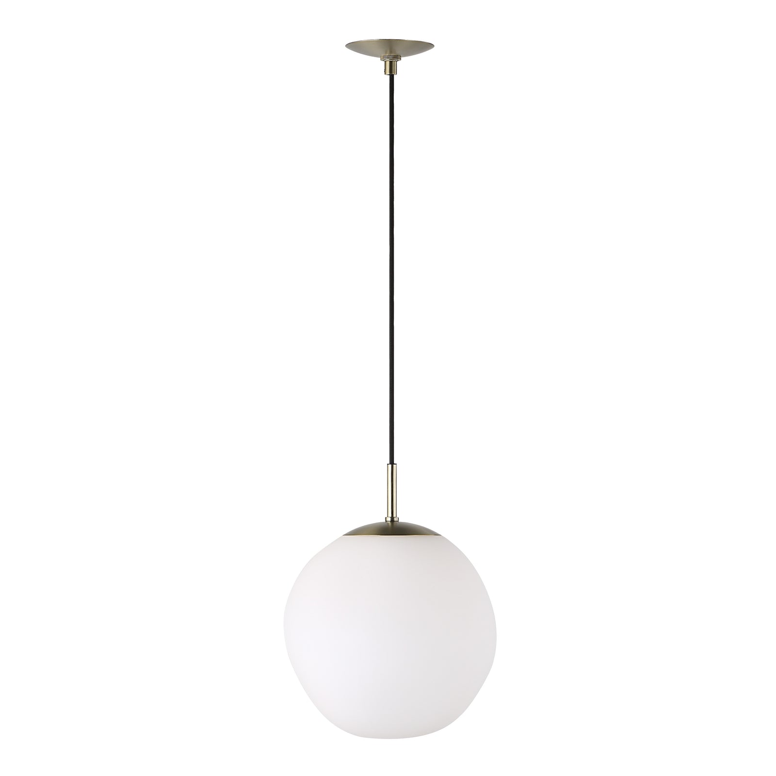 Koa ceiling fixture with a round white glass shade and brass accents, suspended from a black cord.