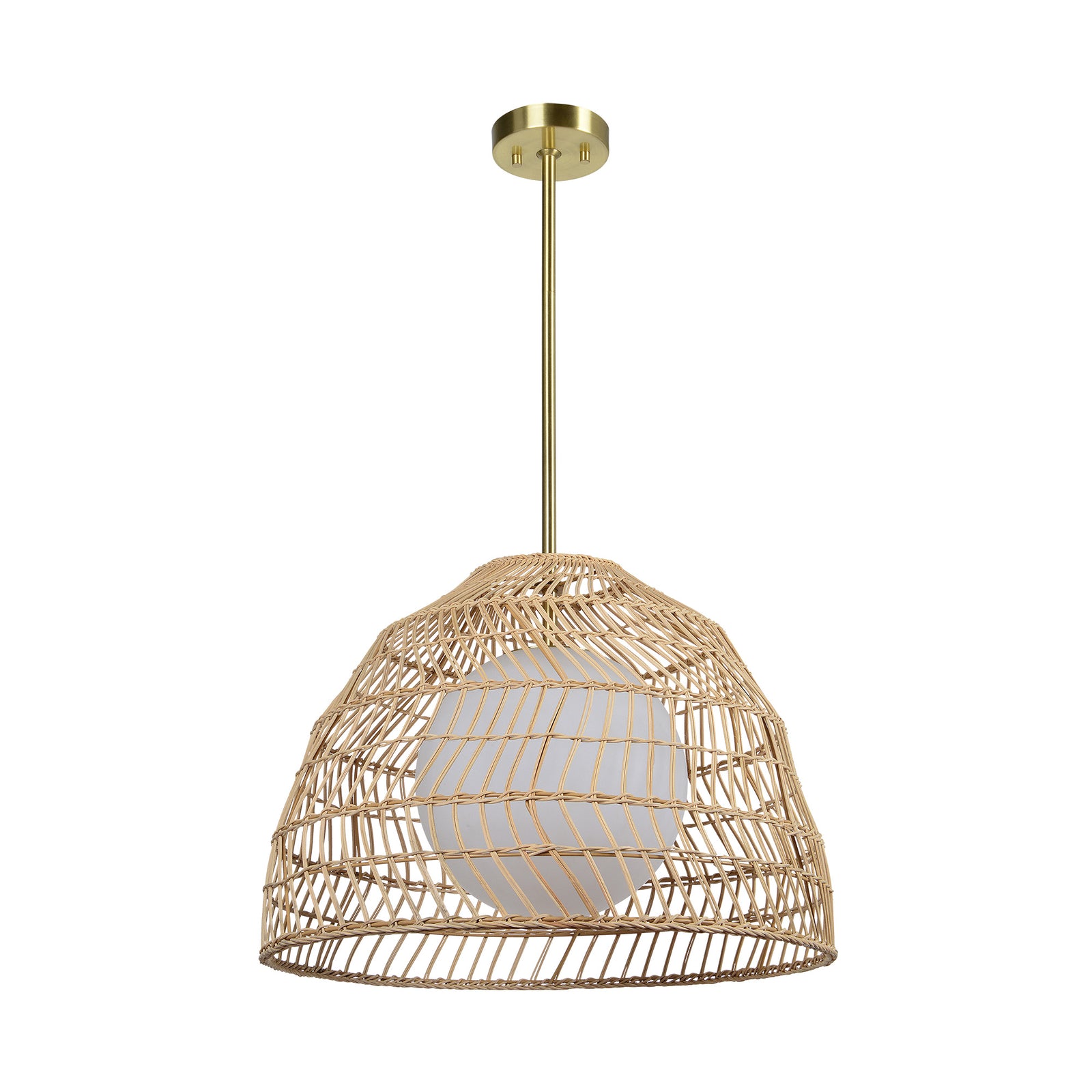 Palm Ceiling Fixture with woven rattan shade and white globe light, top view.