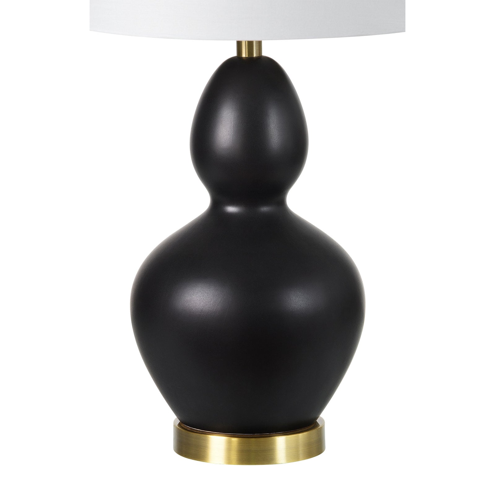 Kamilia Table Lamp Set featuring two black ceramic lamps with white shades and brass bases.