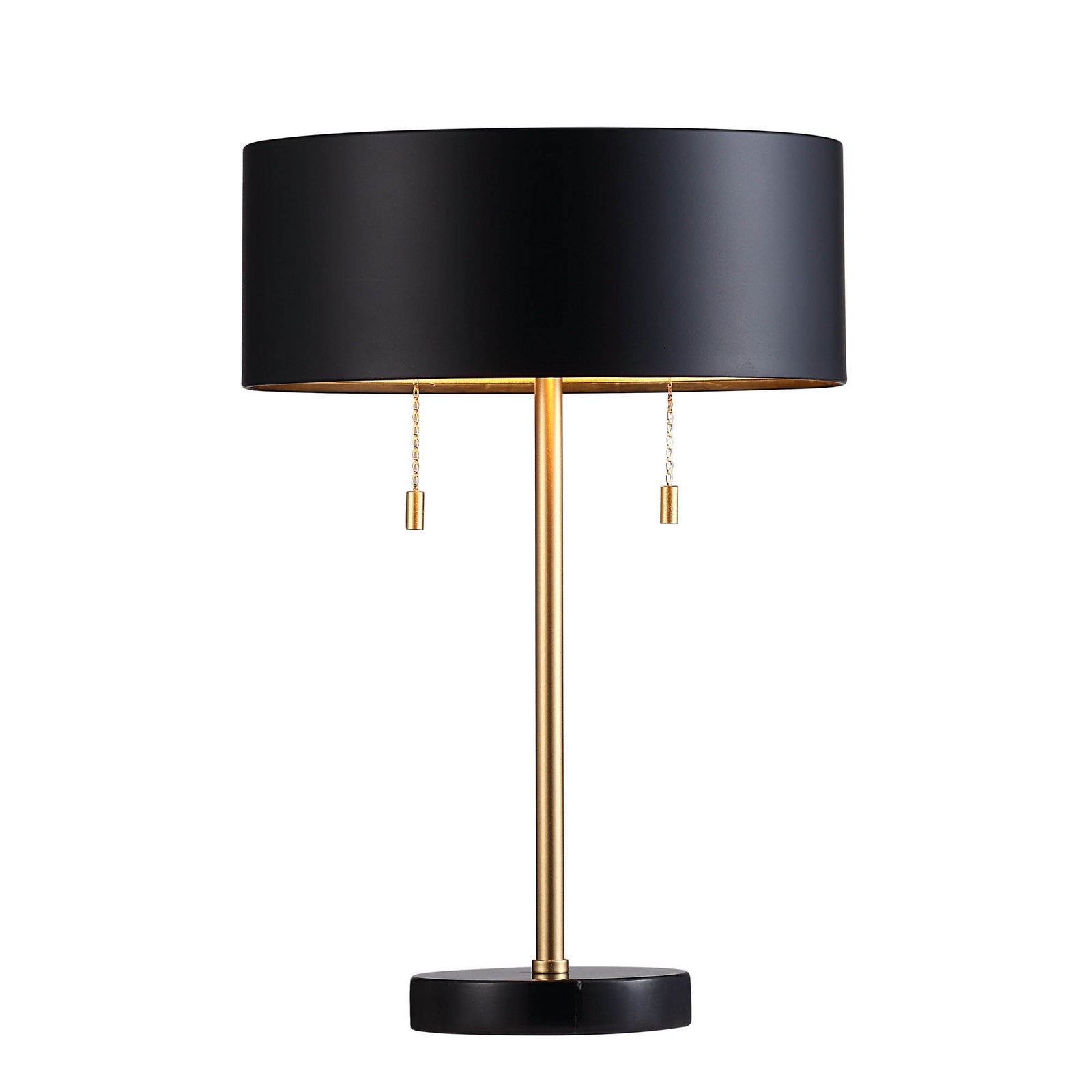 Gillian Table Lamp with a black shade and gold accents, featuring pull chains.