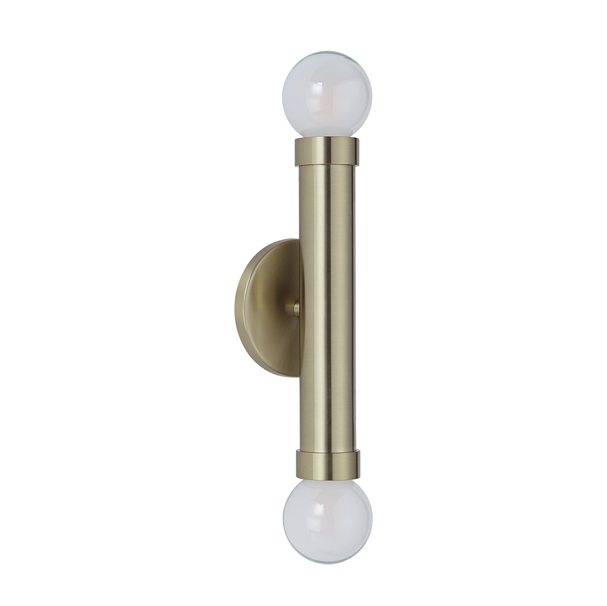 Dasia Wall Sconce in brushed brass with two globe bulbs, mounted vertically.