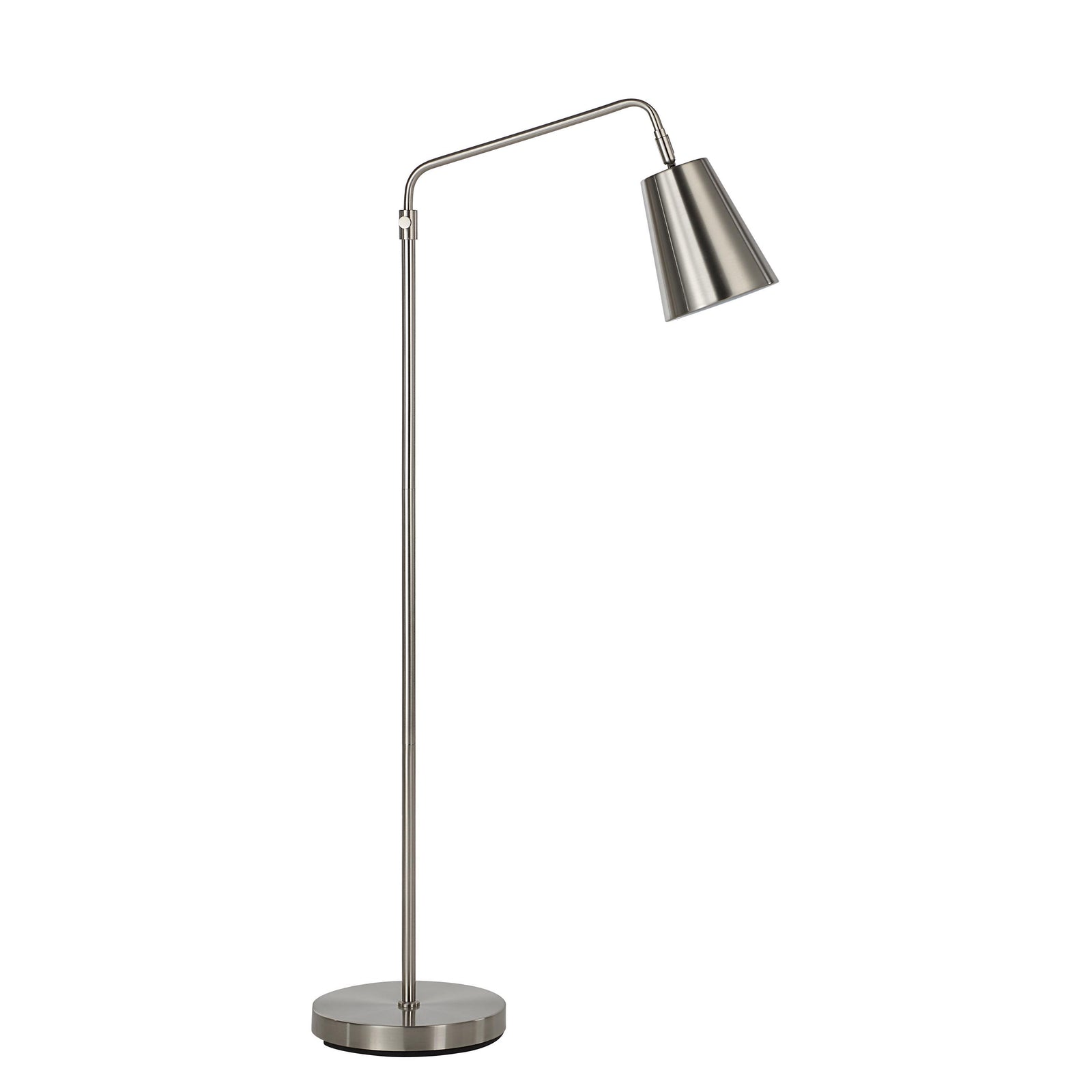 Norwich floor lamp in brushed nickel with a conical shade and round base.