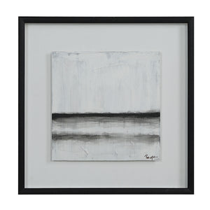 Tangelo wall art featuring a minimalist black and white abstract piece, framed in black