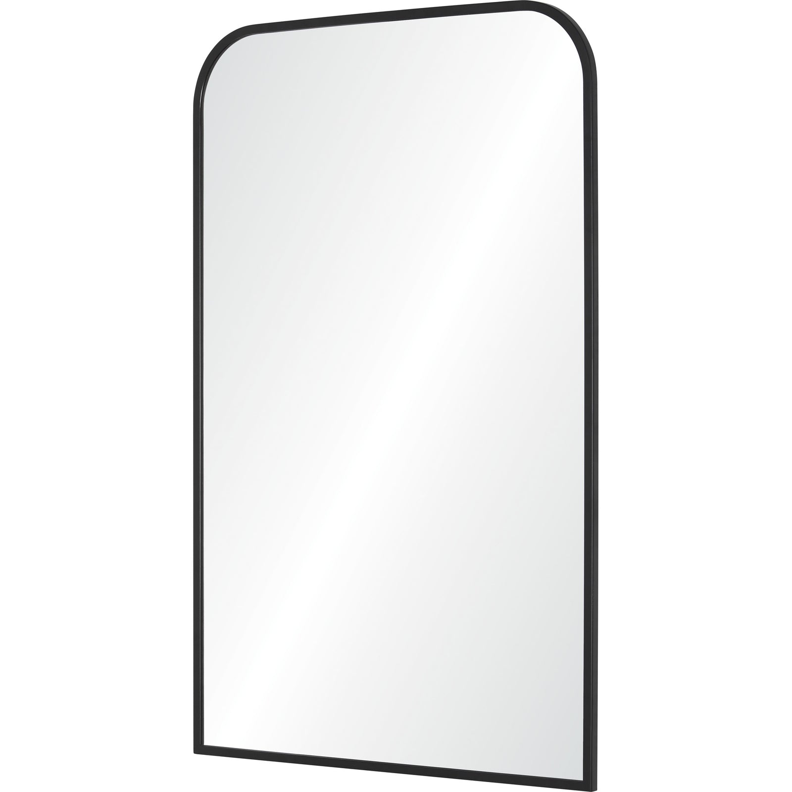 Jackline Wall Mirror with rounded top, black frame, and clear reflective surface, front view.