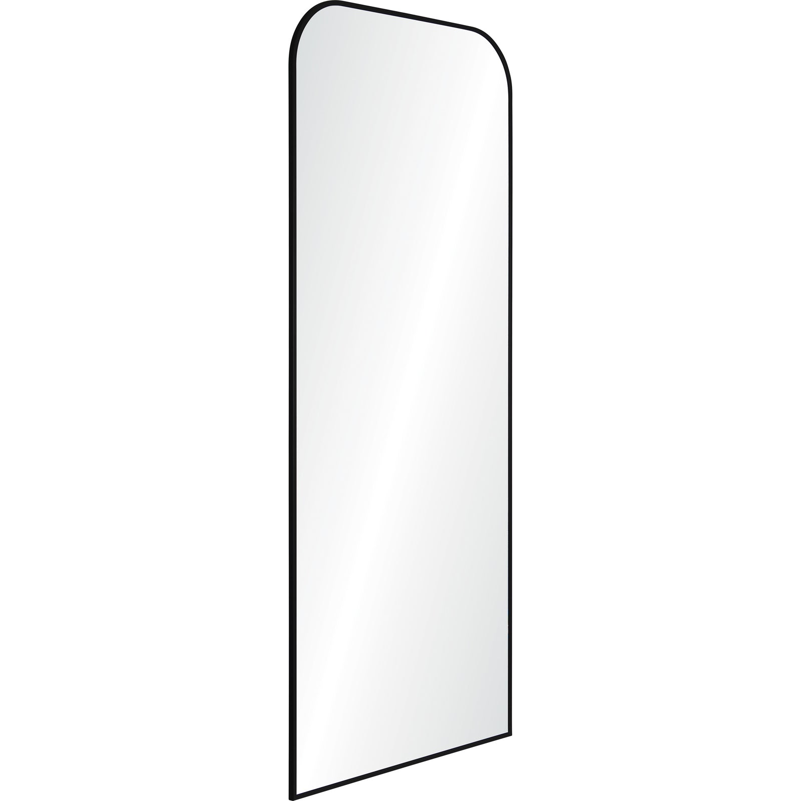 Mandret mirror by Renwil, vertical design with rounded top, black frame, reflective surface.