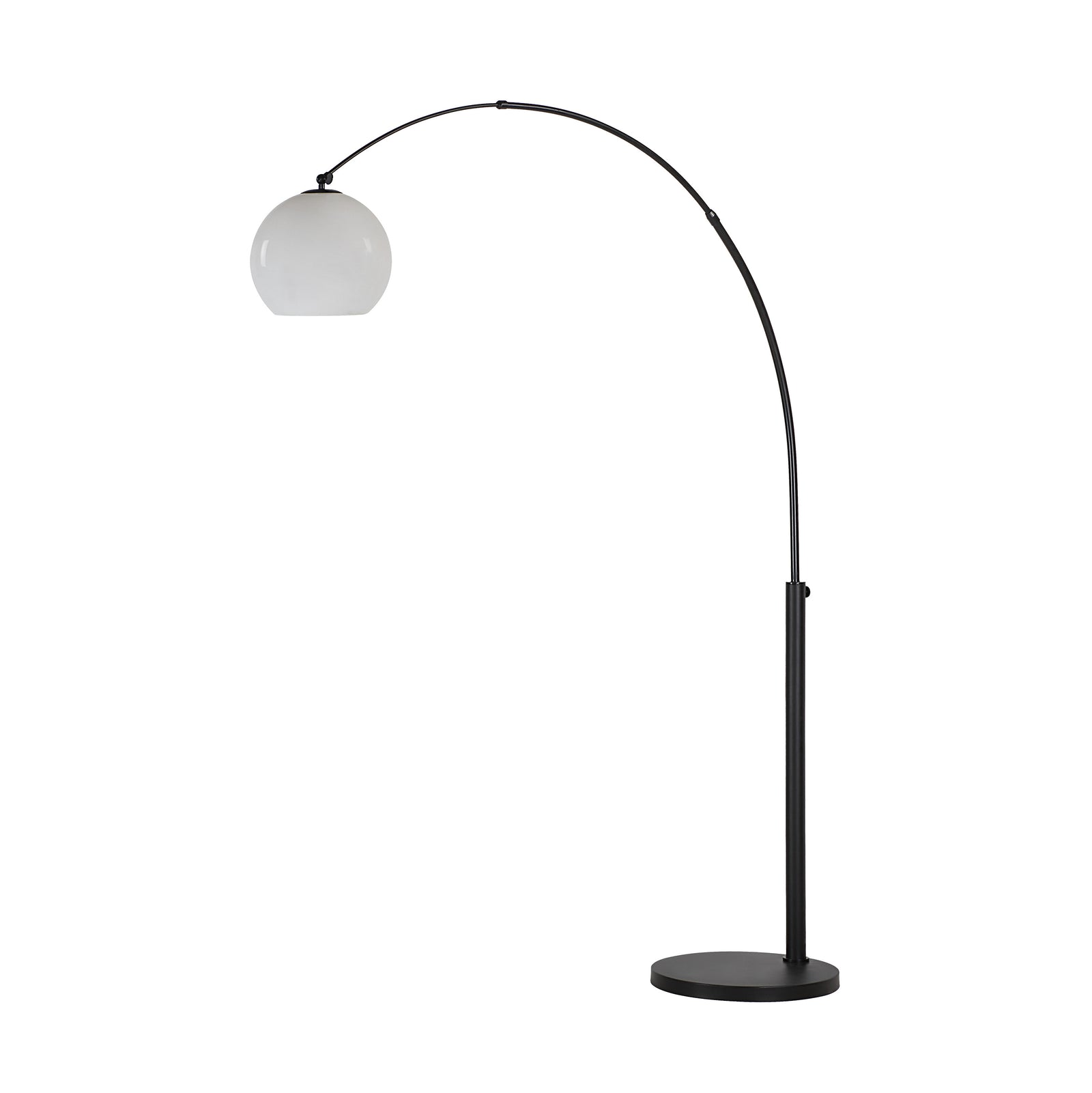 Pura Floor Lamp by Renwil, black metal base with white globe shade, arched design
