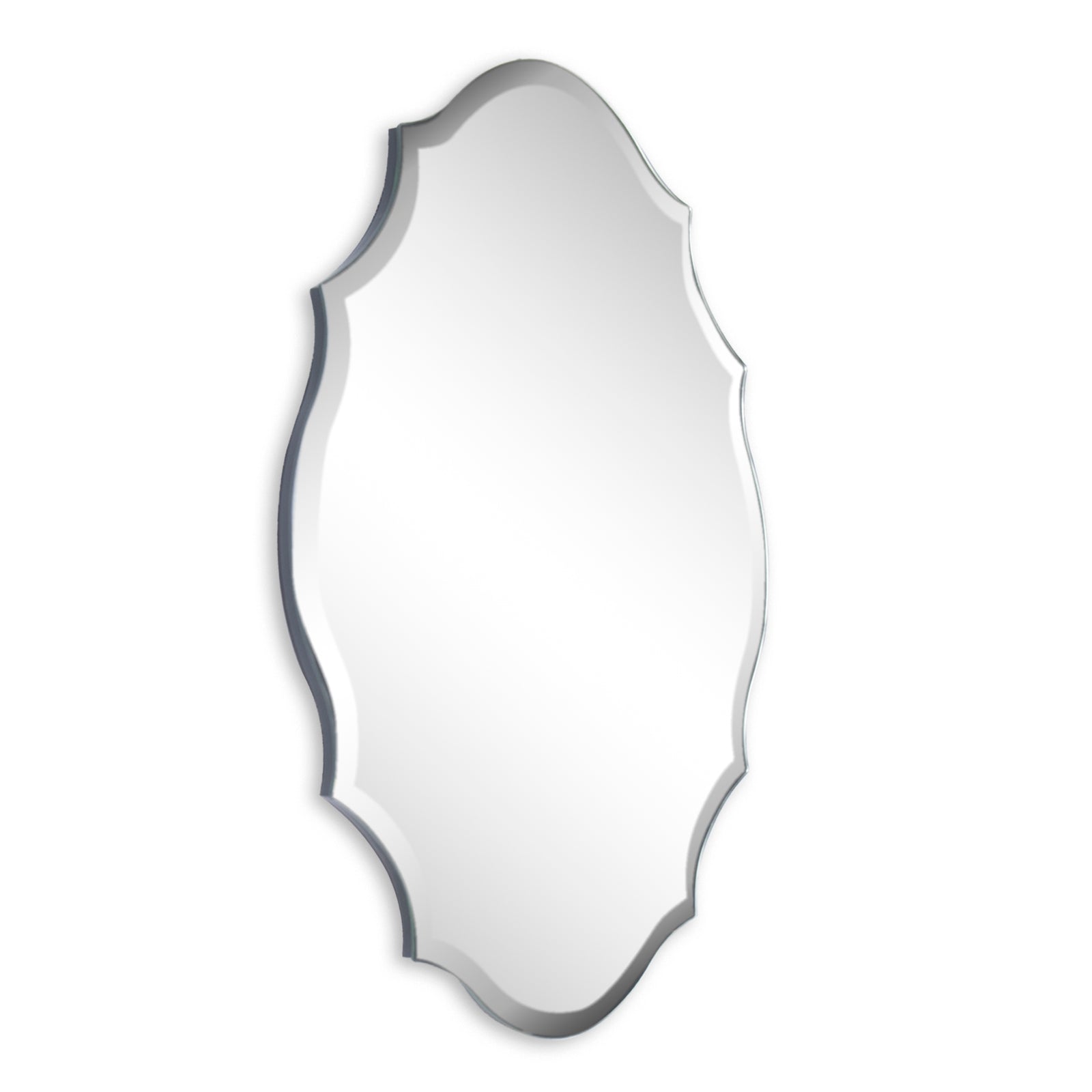 Emma mirror by Renwil, oval shape with scalloped edges, reflective surface, silver trim.