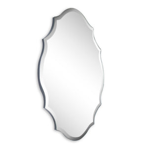 Emma mirror by Renwil, elongated oval design with scalloped edges, clear reflective surface.
