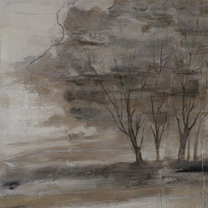 Close-up of Pallini canvas art highlighting detailed trees in soft brown and gray hues.