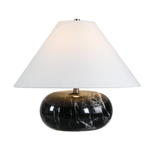 Celine Table Lamp featuring a glossy black marble base and white conical shade