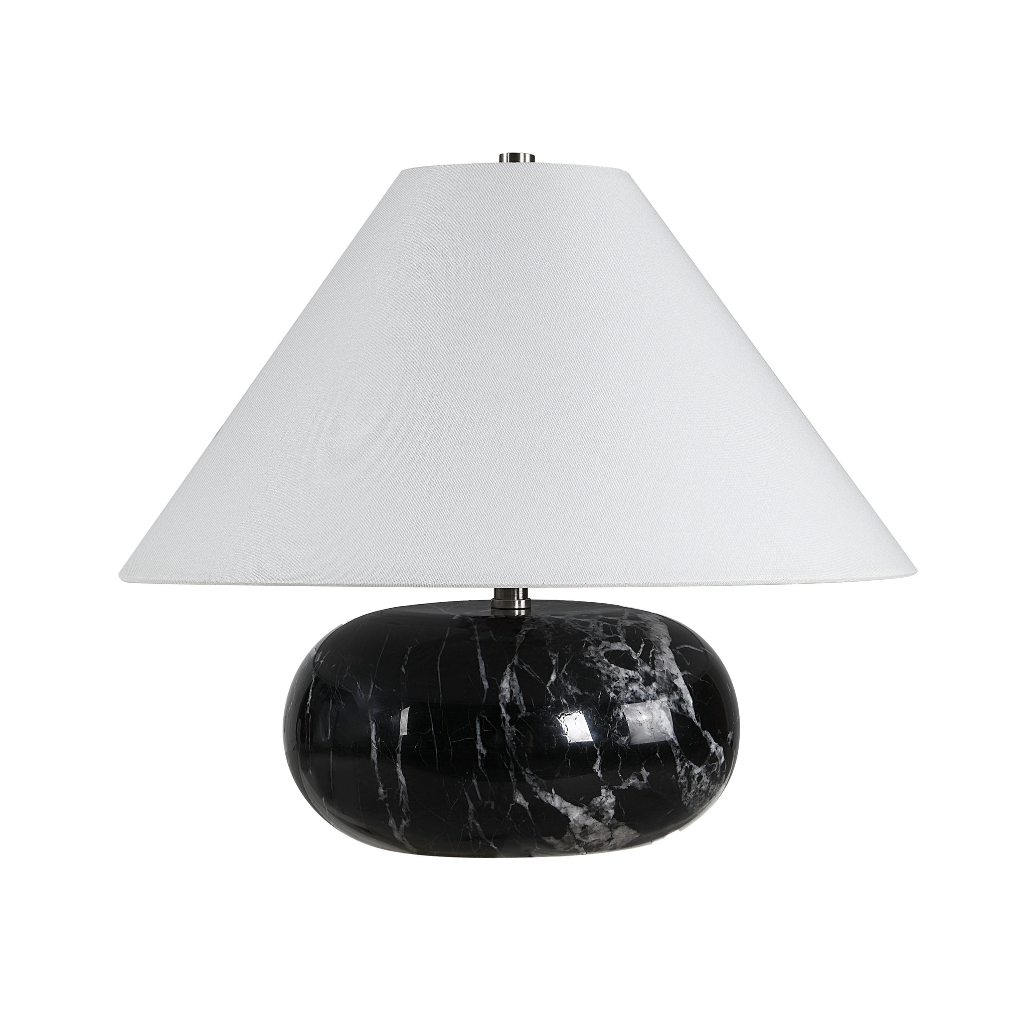 Celine Table Lamp with a black marble base and white fabric shade