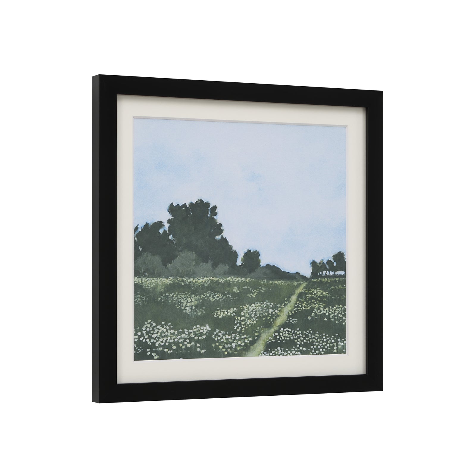 Olmo Canvas Art featuring a landscape with trees and flowers, framed in black.