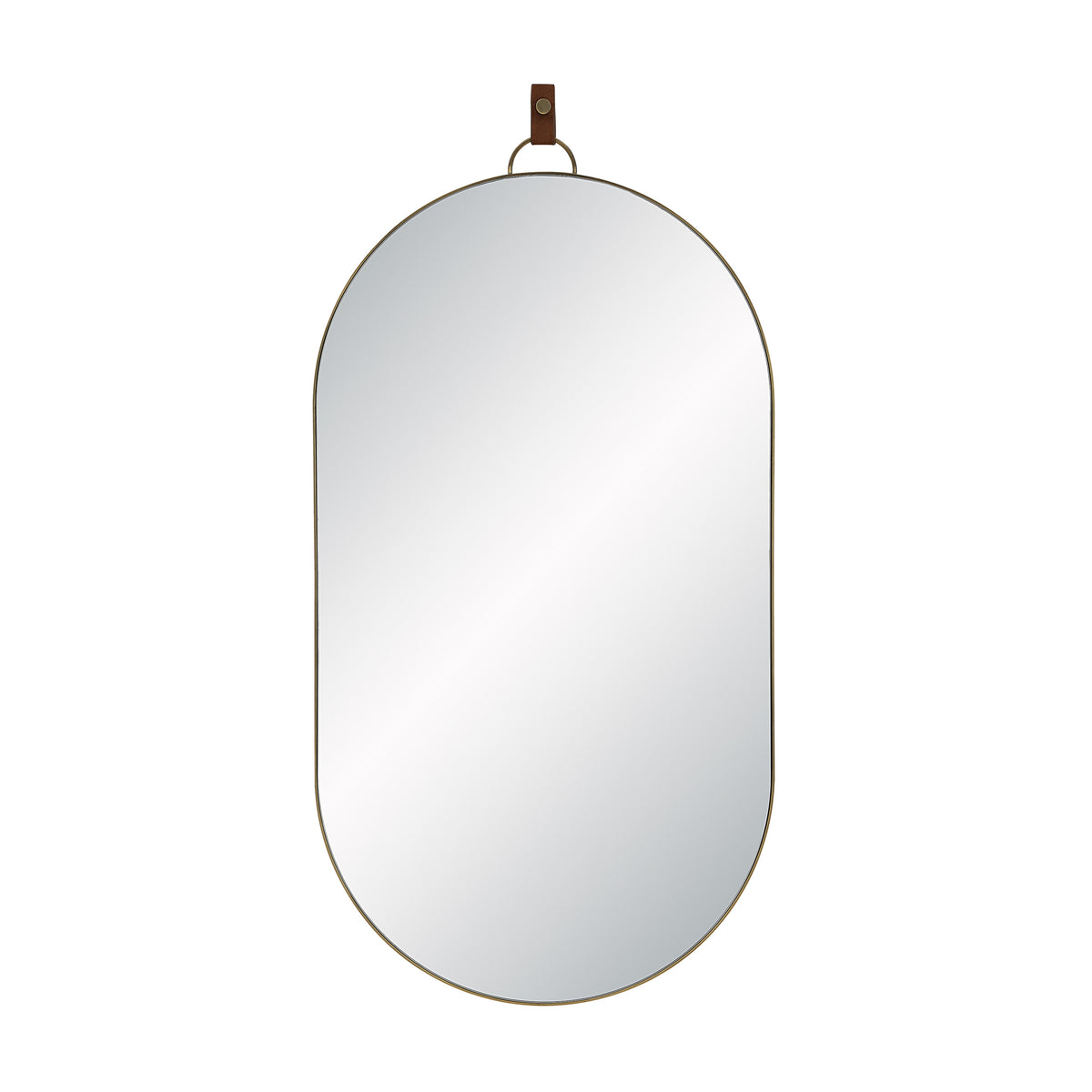 Hudson mirror by Renwil, oval shape with a leather strap, gold metal frame.